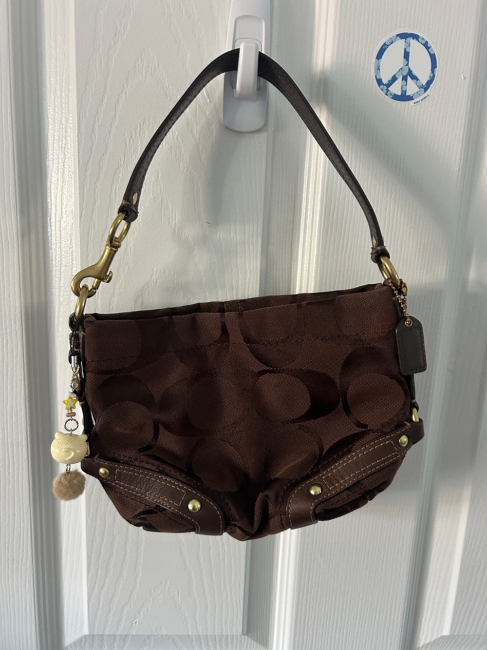 Brown and gold Carly Coach purse. Light and dark brown with gold hardware
